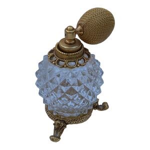 Vtg Atomizer Perfume Bottle Ormolu Gold tone vanity Clear Diamond Pattern